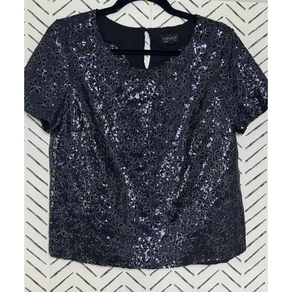 TOPSHOP Women's Blue Beaded Embroidered Floral Blouse Size 8 Party Festive